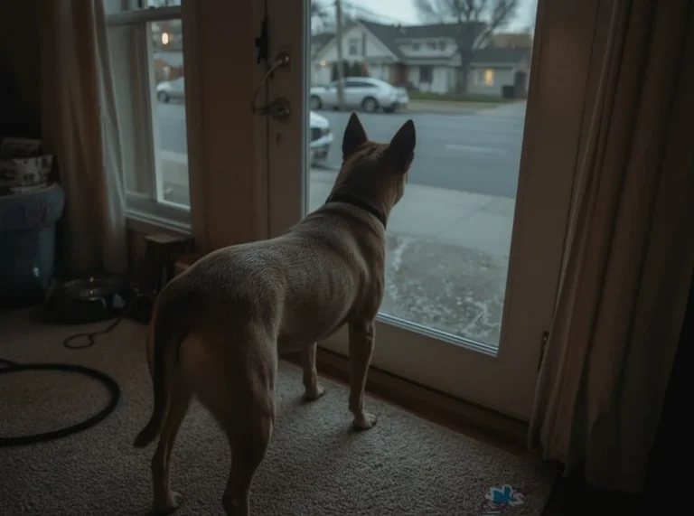 Dog reacting near a living room window at dusk