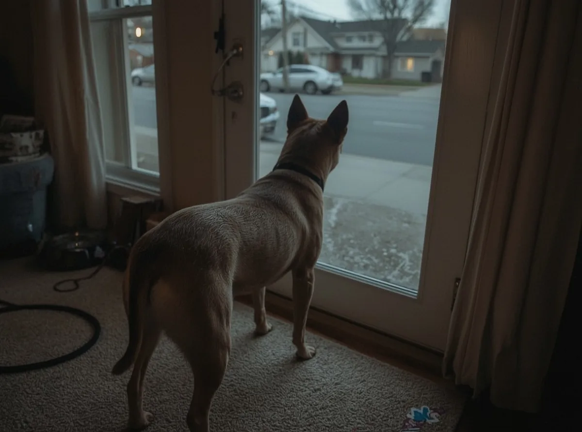 Dog reacting near a living room window at dusk