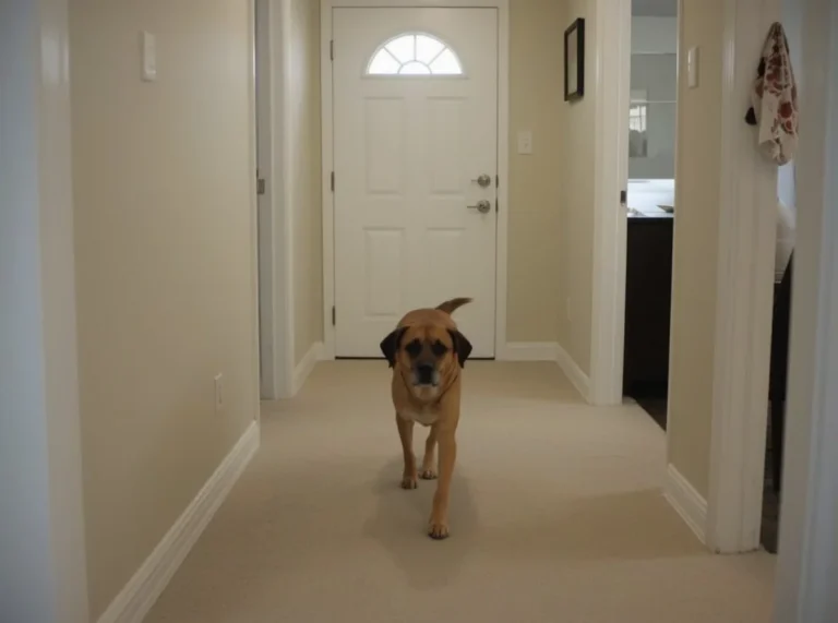 Dog patrolling the hallway near doors and windows