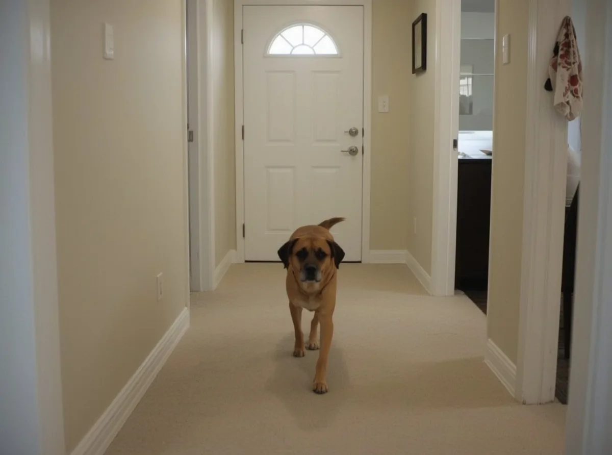Dog patrolling the hallway near doors and windows