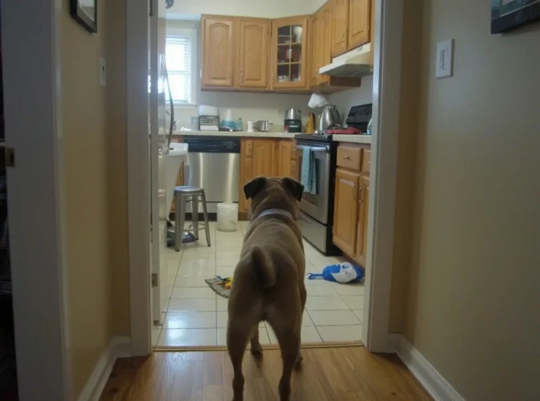 Dog watching busy kitchen from doorway