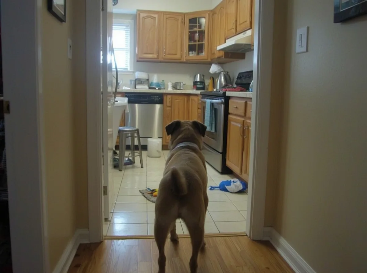 Dog watching busy kitchen from doorway