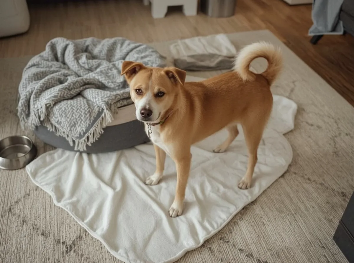 Dog circling before settling on a bed