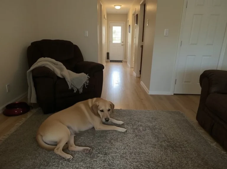 Dog resting beside a familiar armchair