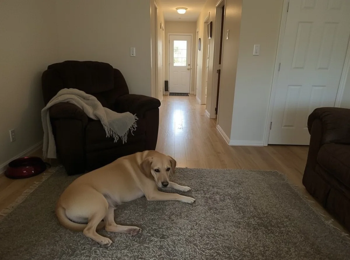Dog resting beside a familiar armchair