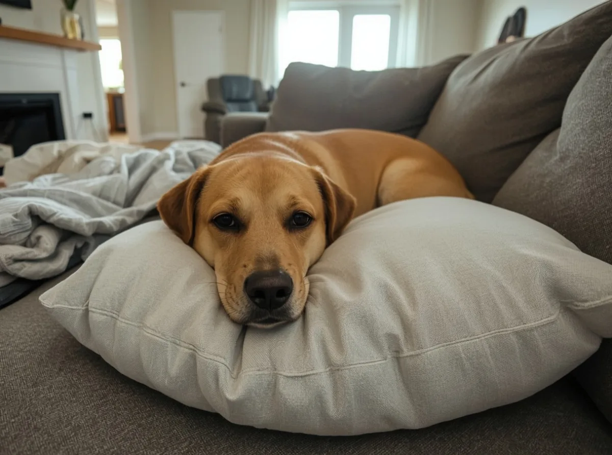 Dog resting head on a couch cushion