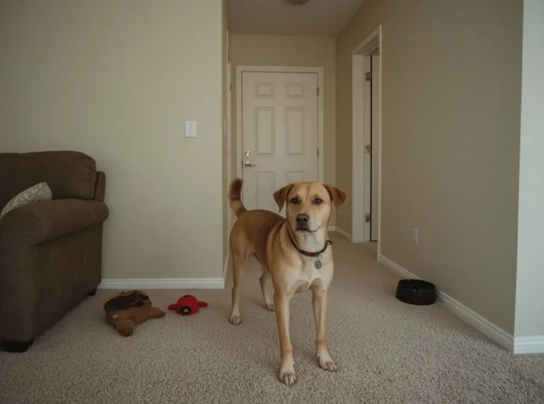 Dog standing alert in a quiet living room