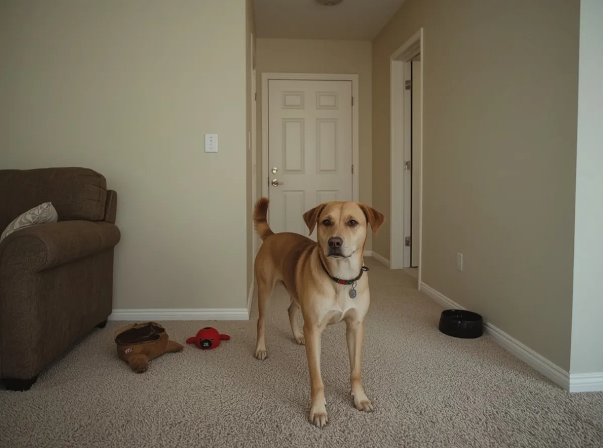 Dog standing alert in a quiet living room