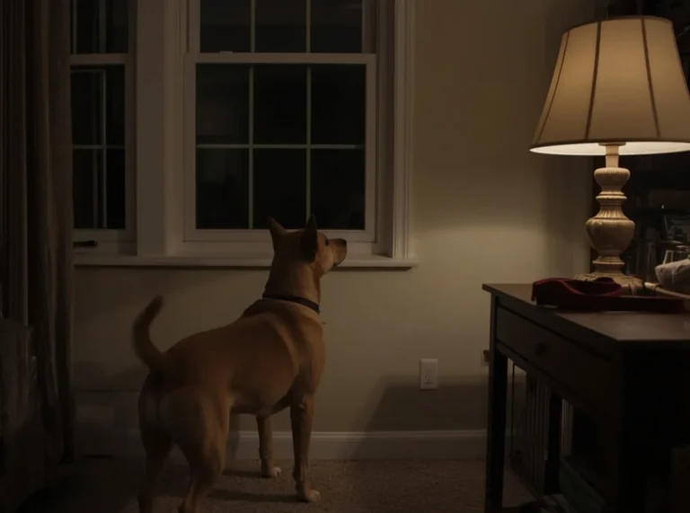 Alert dog near a window at night