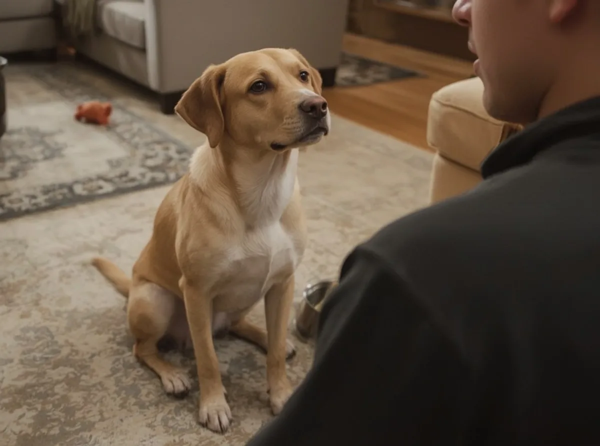 Dog tilting head beside a person talking