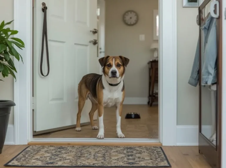 Dog waiting by door before routine event