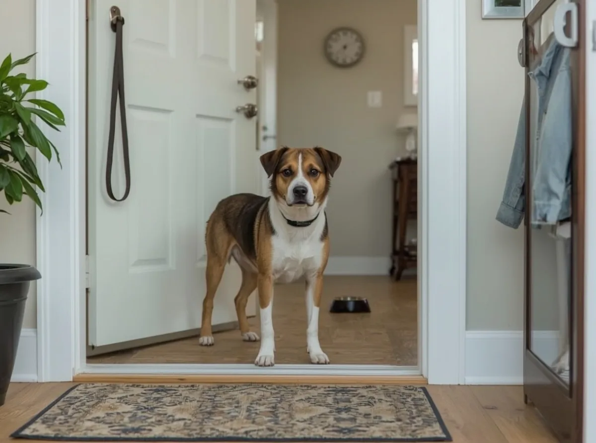 Dog waiting by door before routine event