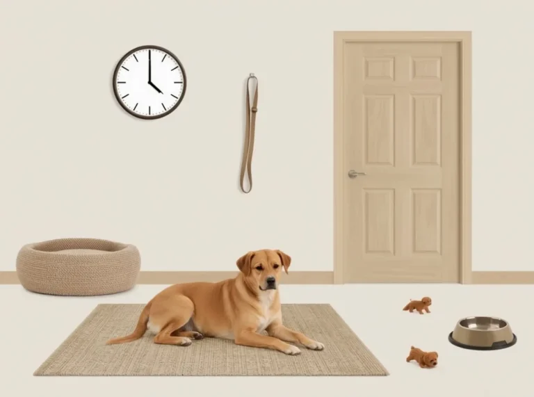 Dog resting beside a clock and leash