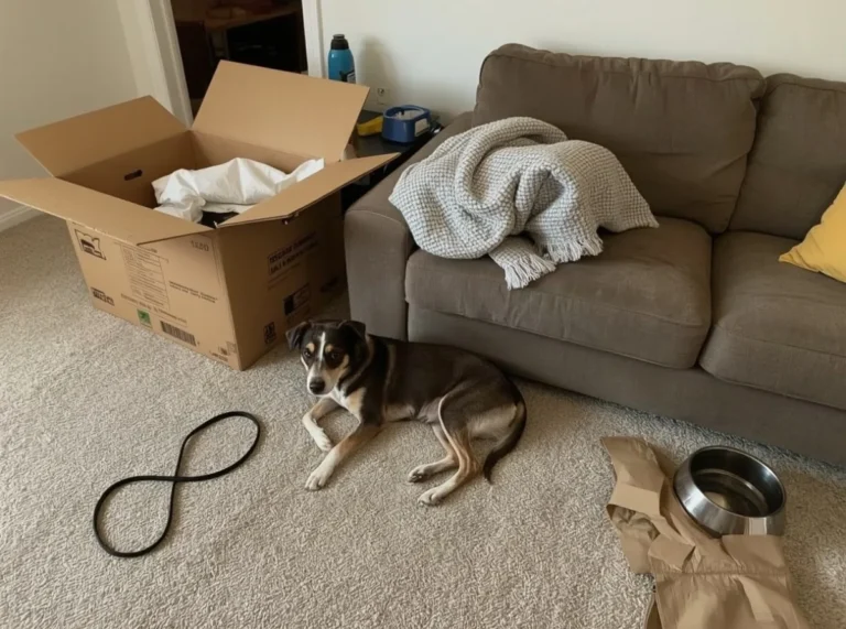 Dog resting close beside owner in a changed home