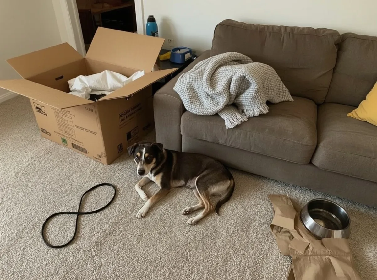 Dog resting close beside owner in a changed home