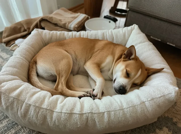 Dog shifting positions while sleeping on a bed