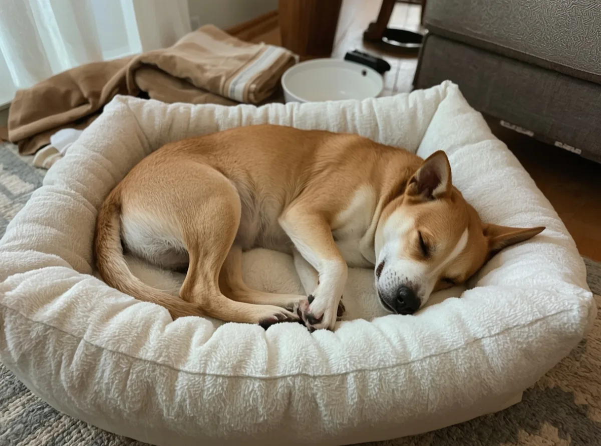 Dog shifting positions while sleeping on a bed