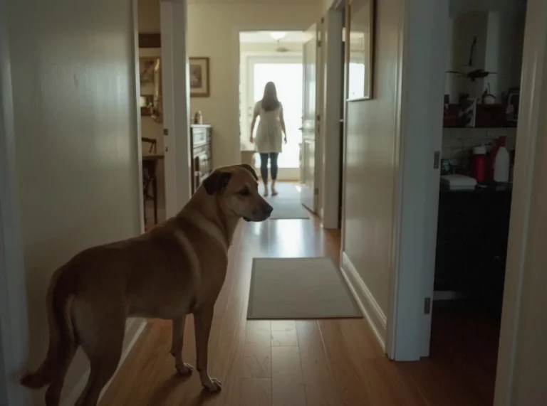 Dog watching owner through a hallway