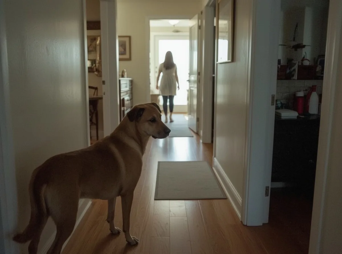 Dog watching owner through a hallway