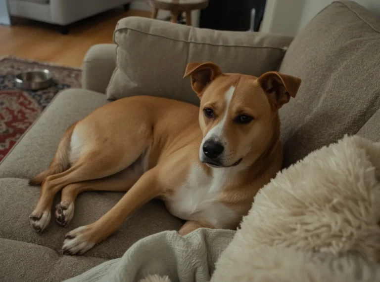 Dog lying indoors with ears pinned back