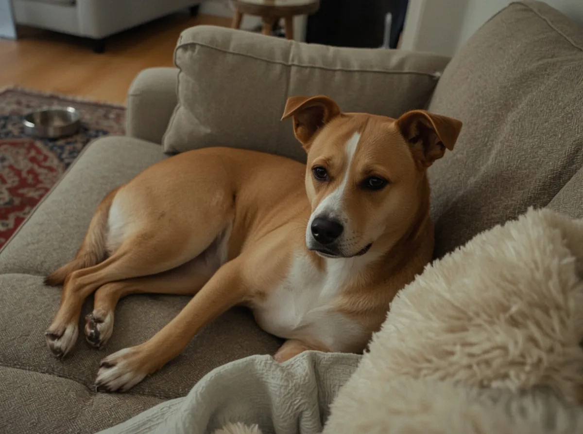 Dog lying indoors with ears pinned back