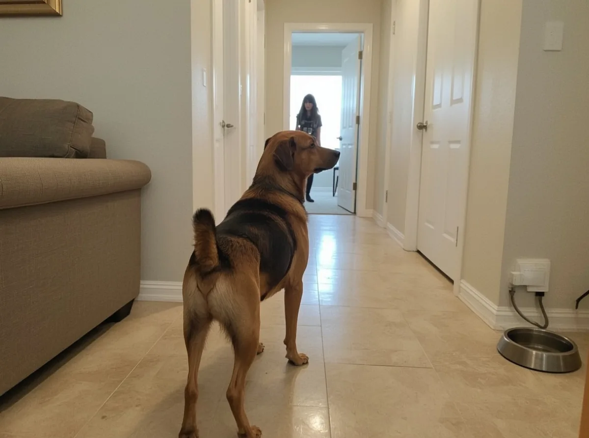 Dog watching quietly from a doorway