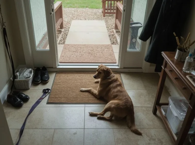 Dog waiting by a home doorway