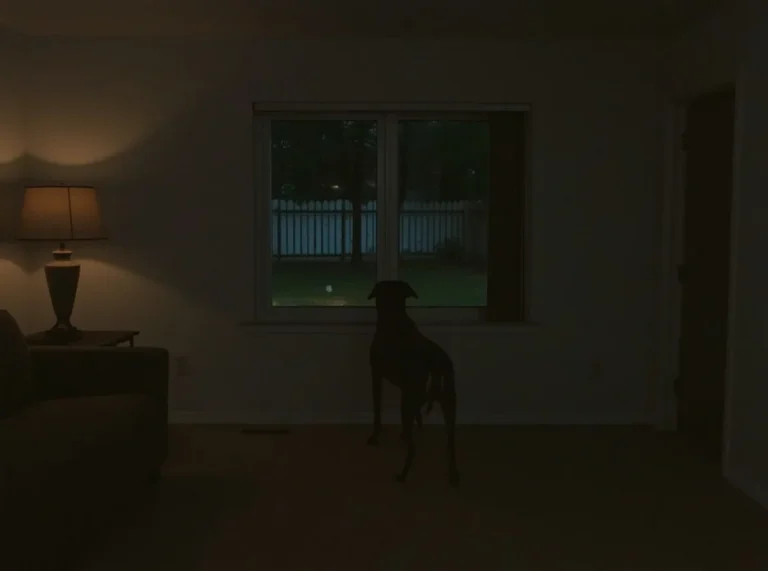 Dog alert near window at night