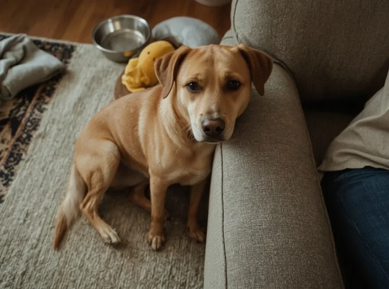 Dog leaning close beside a couch