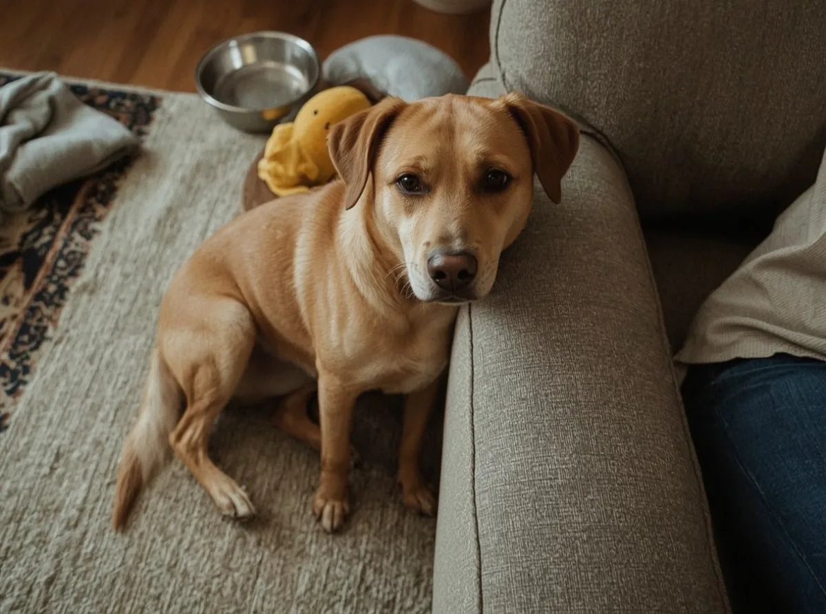 Dog leaning close beside a couch