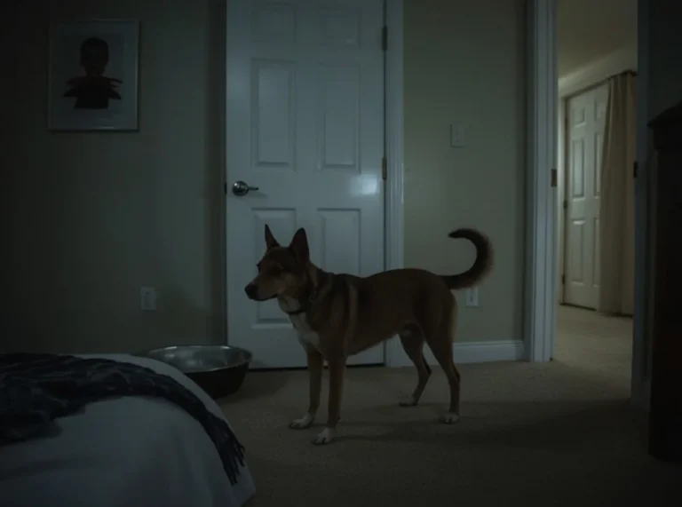 Restless dog pacing near a bedroom door