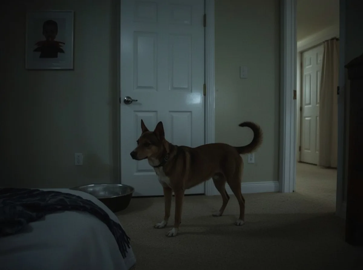 Restless dog pacing near a bedroom door