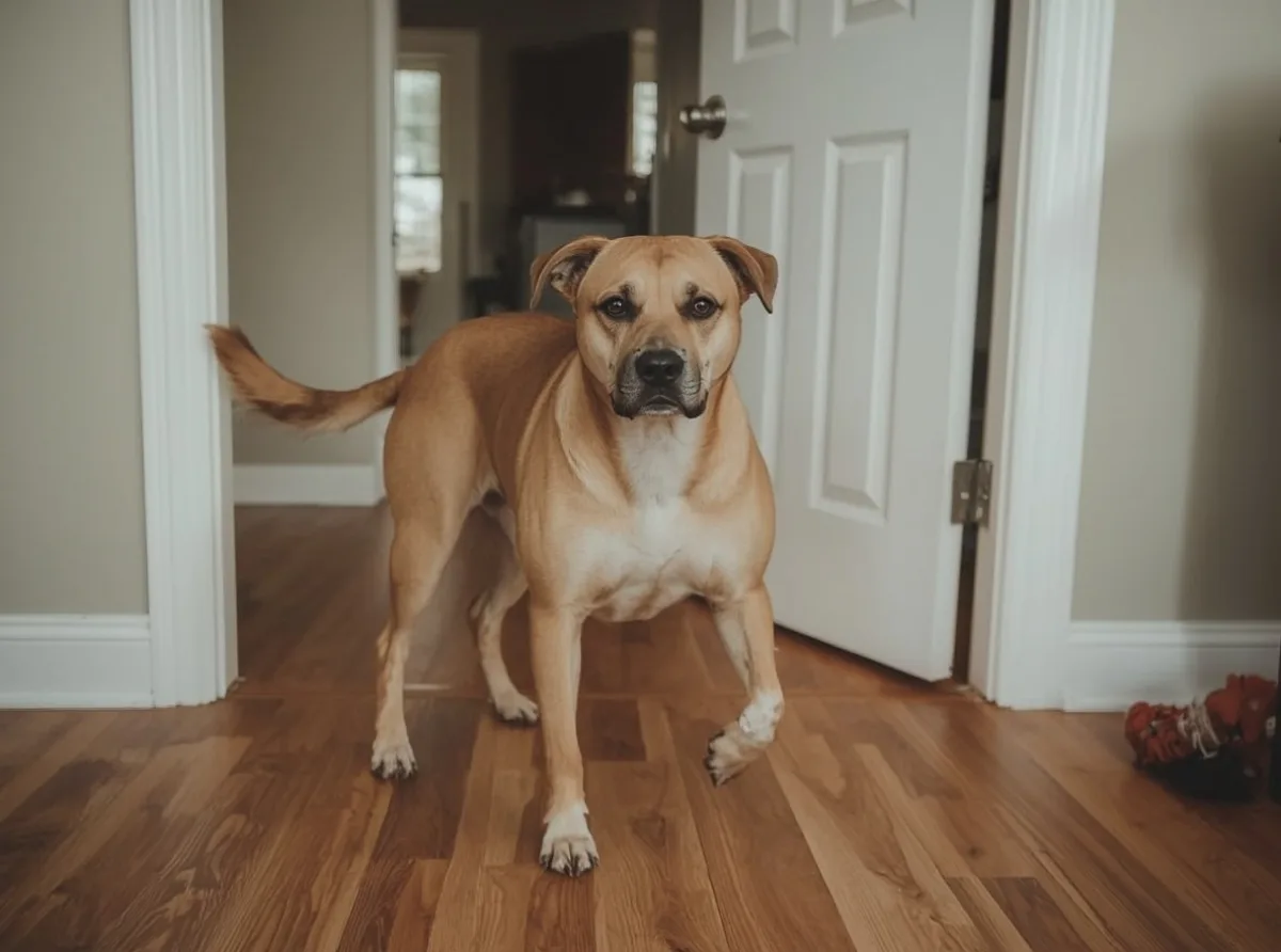 Dog standing with one paw slightly raised
