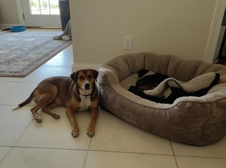 Dog resting beside a soft bed