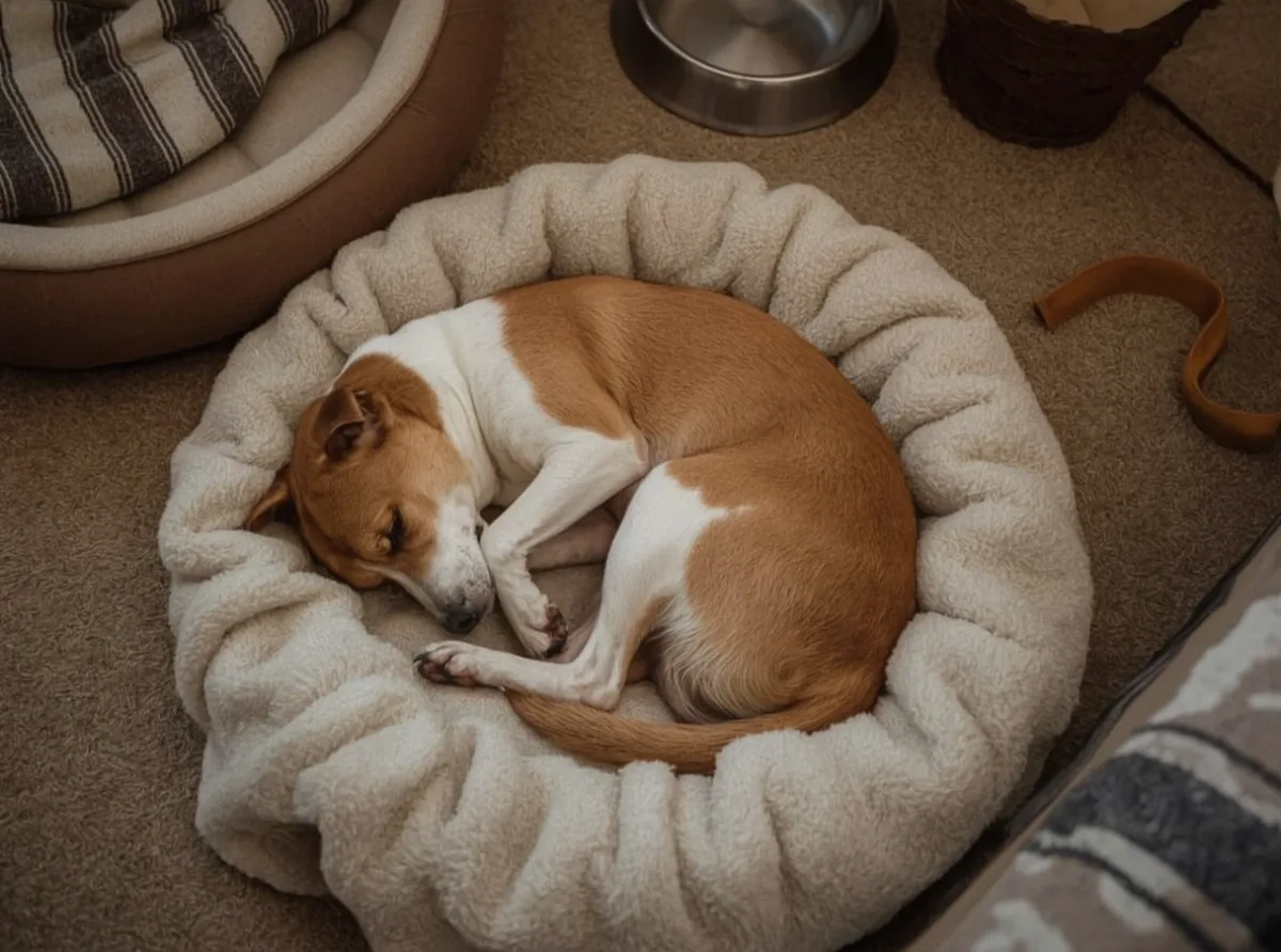 Dog sleeping curled tightly on a blanket