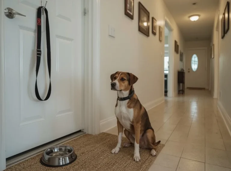 Dog waiting by door near a leash and food bowl