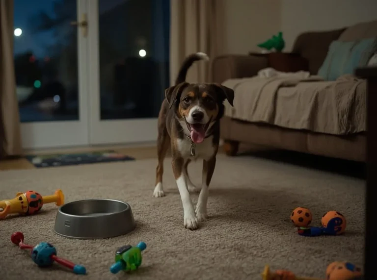 Dog pacing and playing indoors in the evening