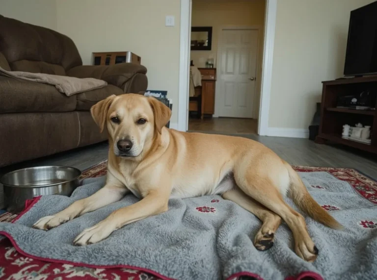 Dog resting beside a sofa near a quiet home interior