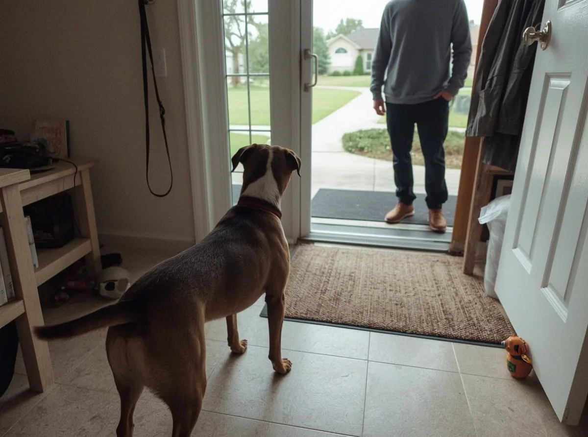 Dog watching a stranger at the doorway