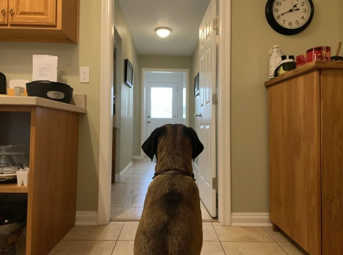 Dog waiting by kitchen door at routine time