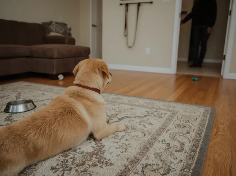 Dog watching owner near a quiet living room