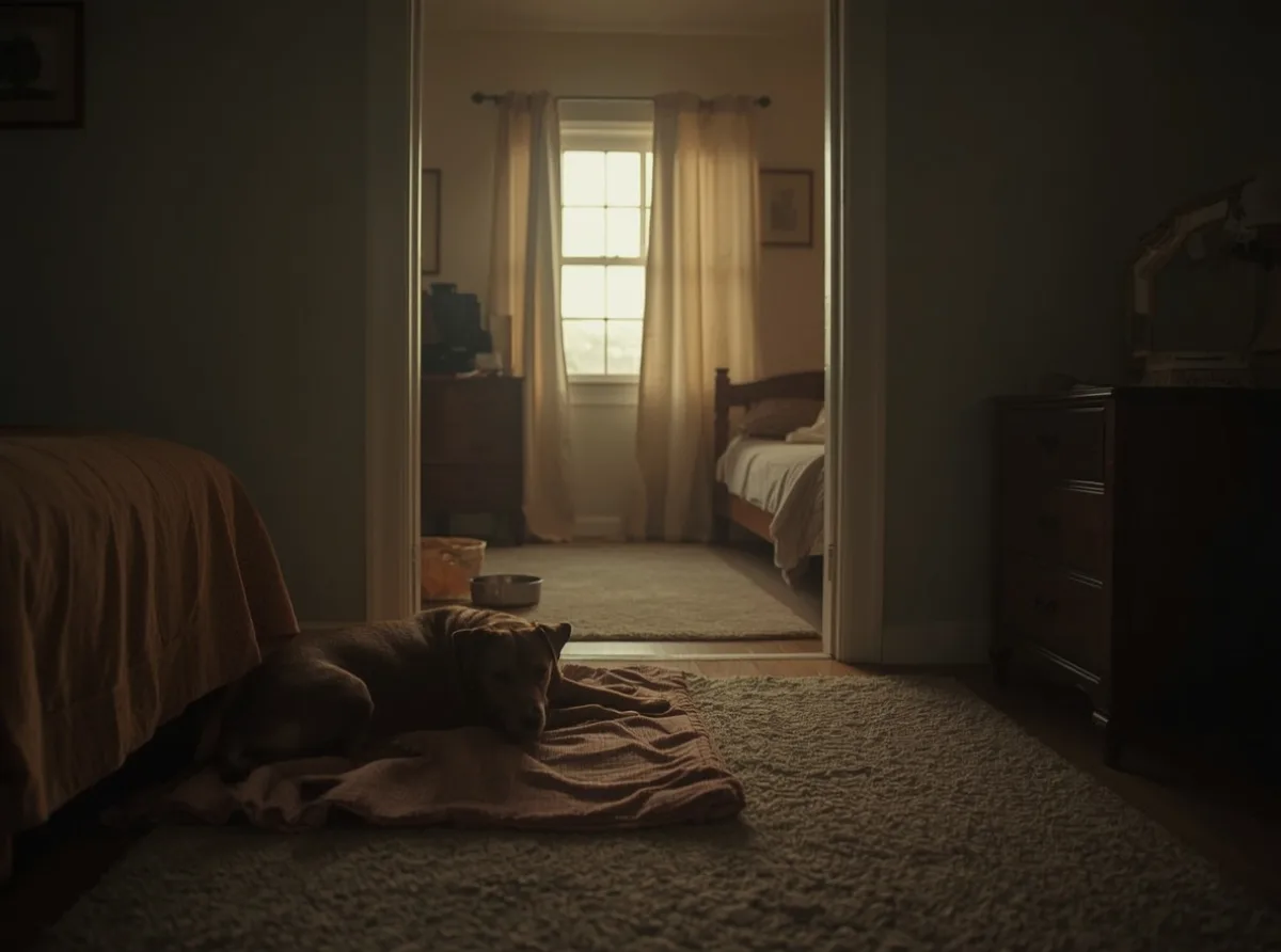Dog waking up near a bedroom doorway