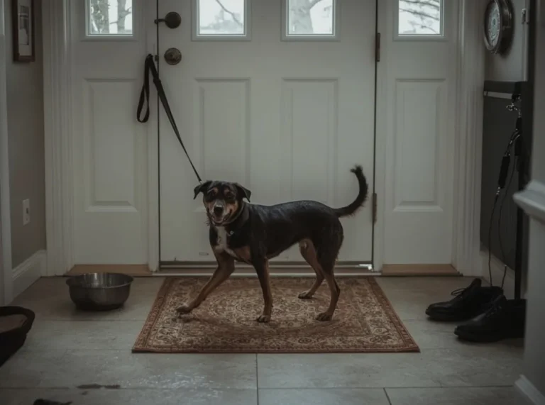 Energetic dog jumping near leash after walk
