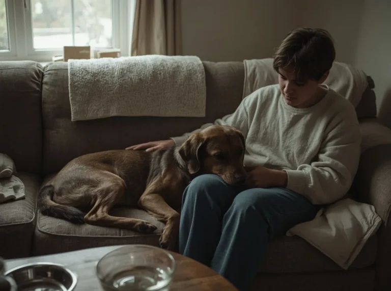 Quiet dog beside a sad person on a couch