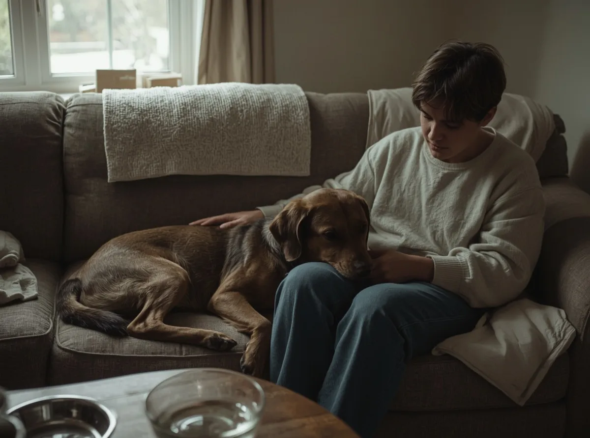 Quiet dog beside a sad person on a couch
