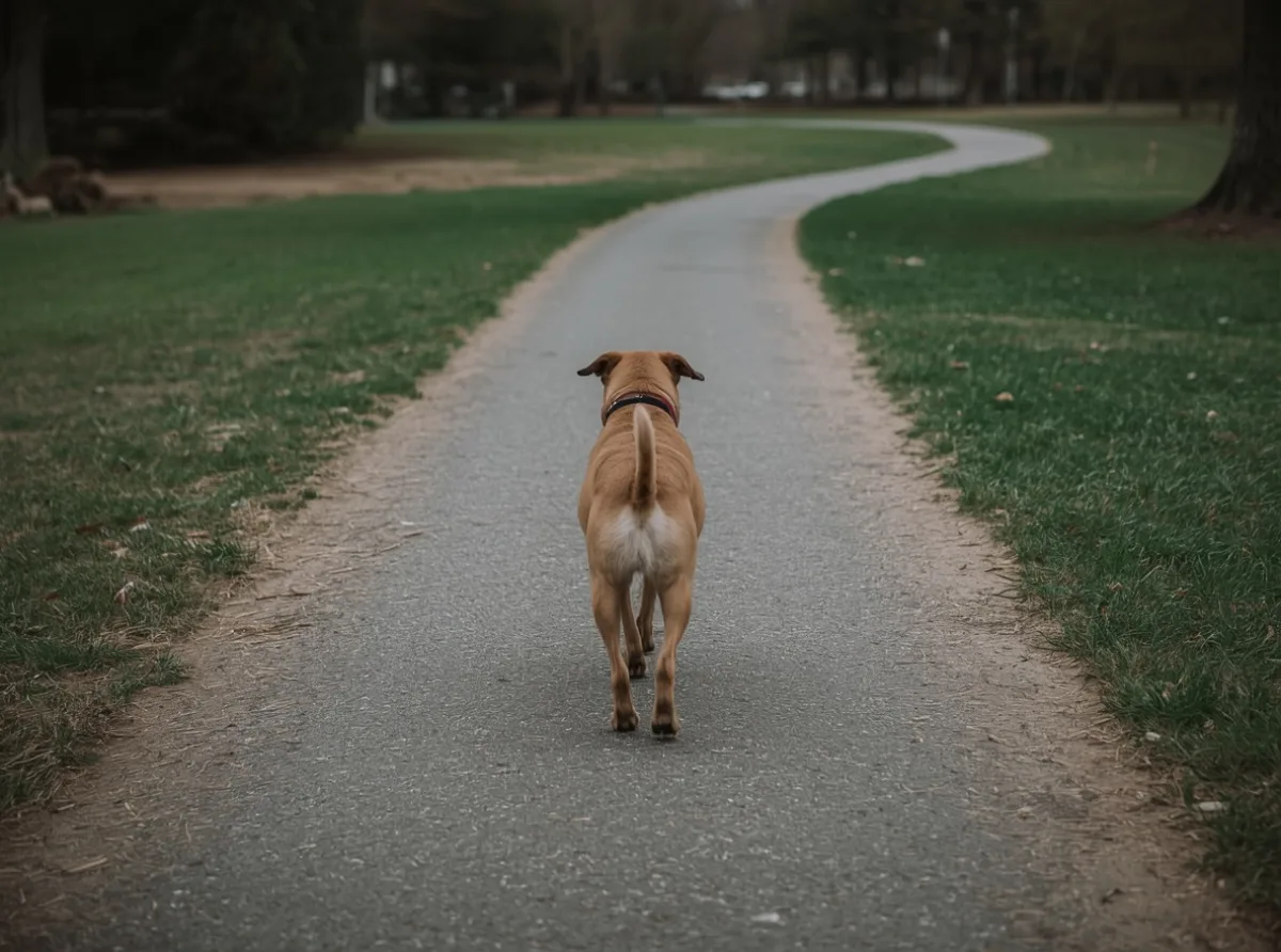 Dog glancing back on a quiet walk