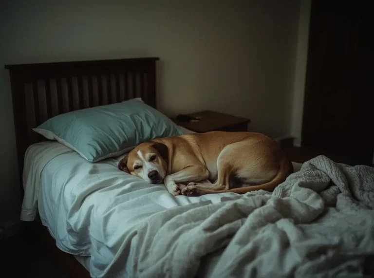 Dog curled beside one sleeping spot