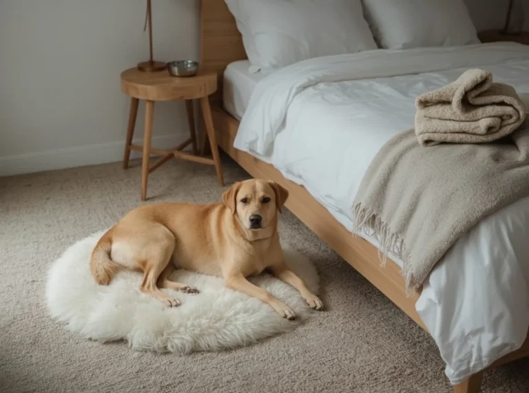 Dog sleeping beside a bed at night