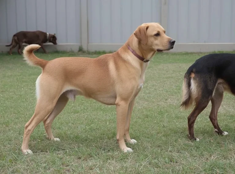 Dog standing sideways near another dog
