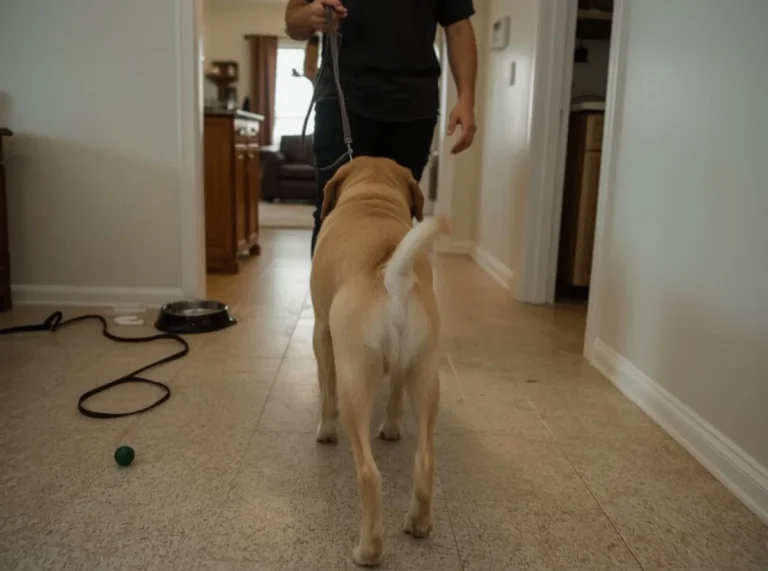 Dog standing close and returning to owner